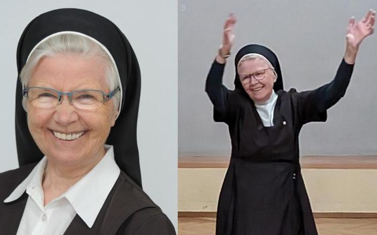 Schwester Huberta im Porträt und beim Tanzen